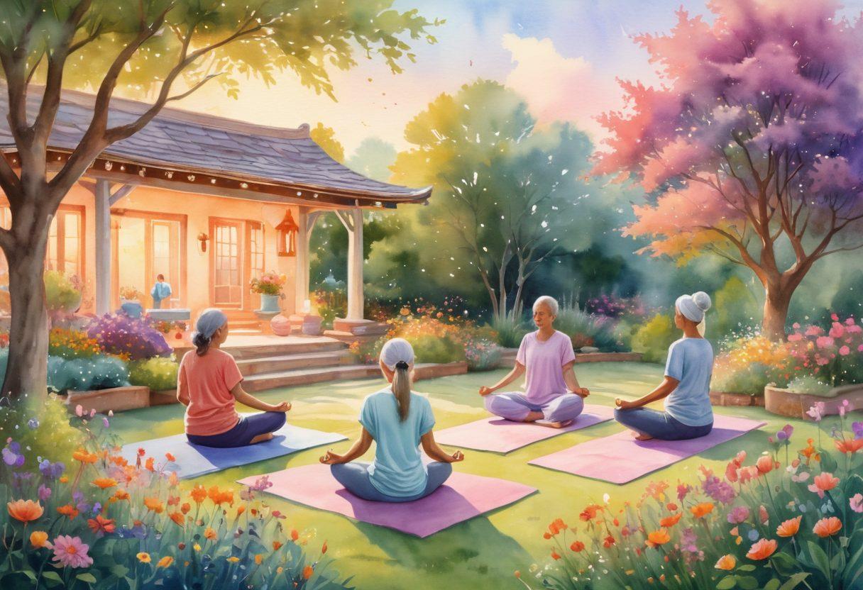 A compassionate scene depicting a diverse group of individuals, including a cancer patient and their supporters, engaging in wellness activities like yoga and meditation in a bright, serene garden. Incorporate symbols of hope such as blooming flowers and glowing lanterns. The atmosphere should evoke a sense of community and healing. watercolor art style. soft pastel colors. tranquil background.