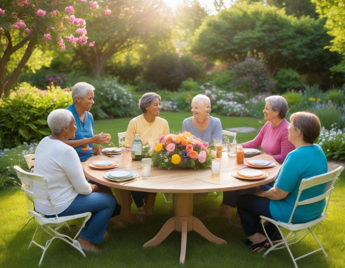 A serene and uplifting scene featuring a diverse group of cancer survivors sharing a joyful moment in a sunny garden, surrounded by blooming flowers and greenery. Include elements like a support circle with individuals sharing stories, a table with healthy foods and wellness books, and soft beams of light illuminating their faces, symbolizing hope and empowerment. The background should be vibrant and filled with nature's colors, creating a warm, inviting atmosphere. vibrant colors. soft-focus. natural lighting.