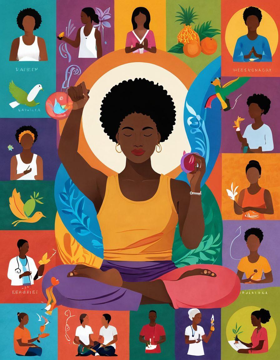 A vibrant collage depicting a diverse group of individuals engaging in holistic healing practices, with symbols of advocacy such as ribbons and charity events. Elements of healthy lifestyle changes like fresh fruits, meditation, and exercise equipment, surrounded by medical icons representing oncology advancements. Soft, empowering colors that evoke hope and resilience. super-realistic. vibrant colors.